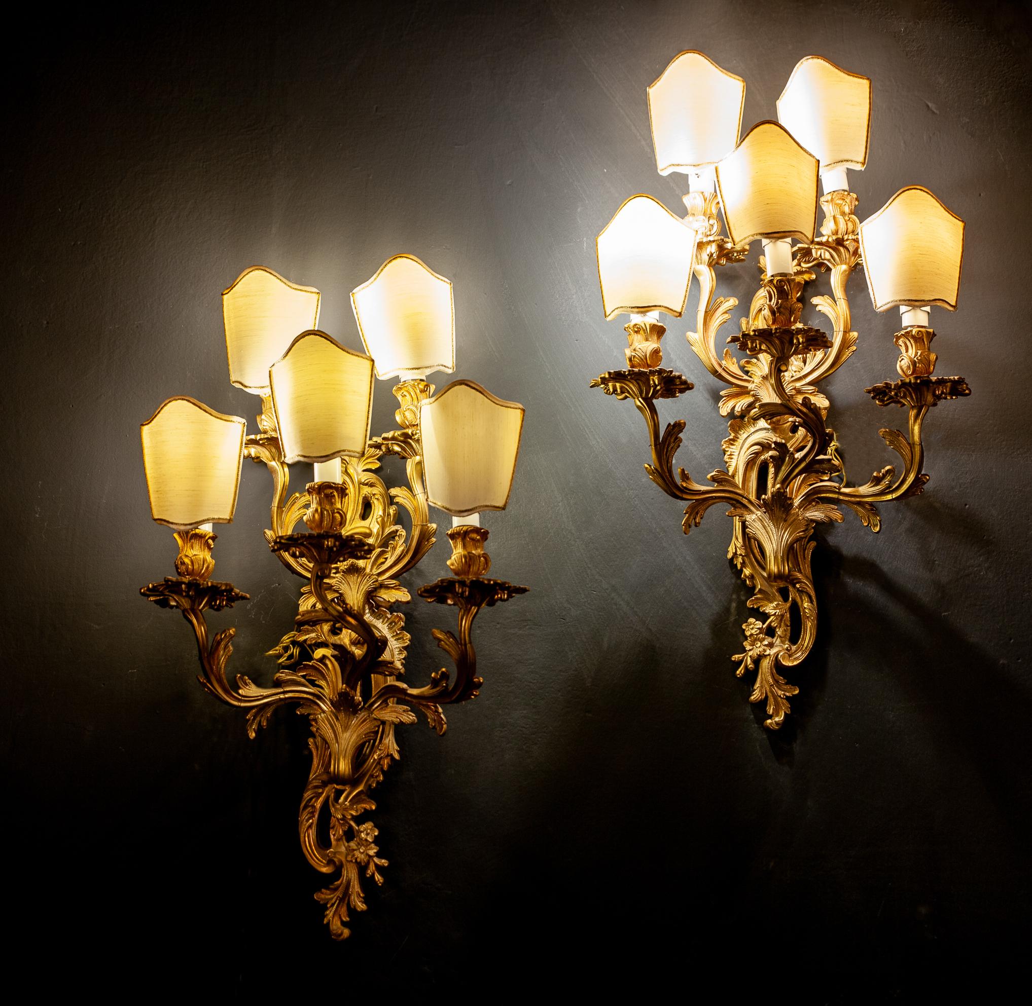 Pair of 19th Century Louis XV Style Gilt Bronze Five Arms French Sconces, 1890s 10