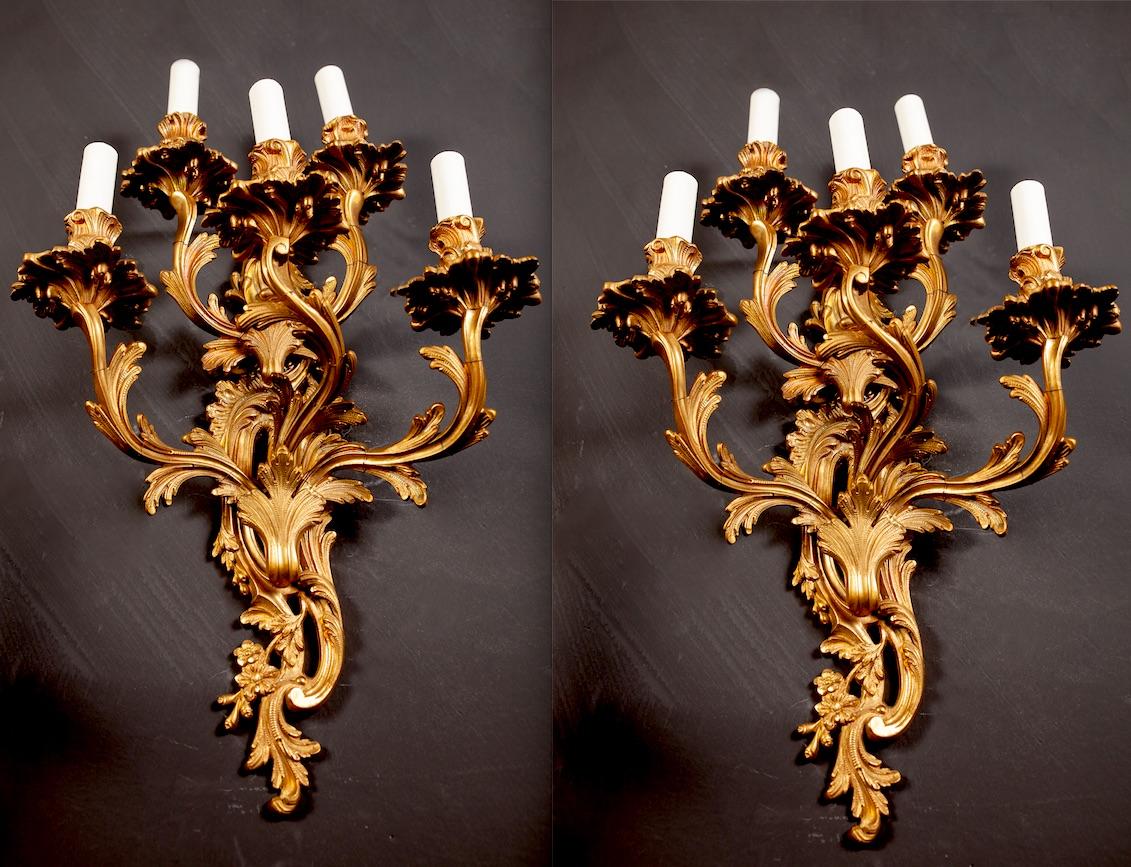 Pair of 19th Century Louis XV Style Gilt Bronze Five Arms French Sconces, 1890s 11