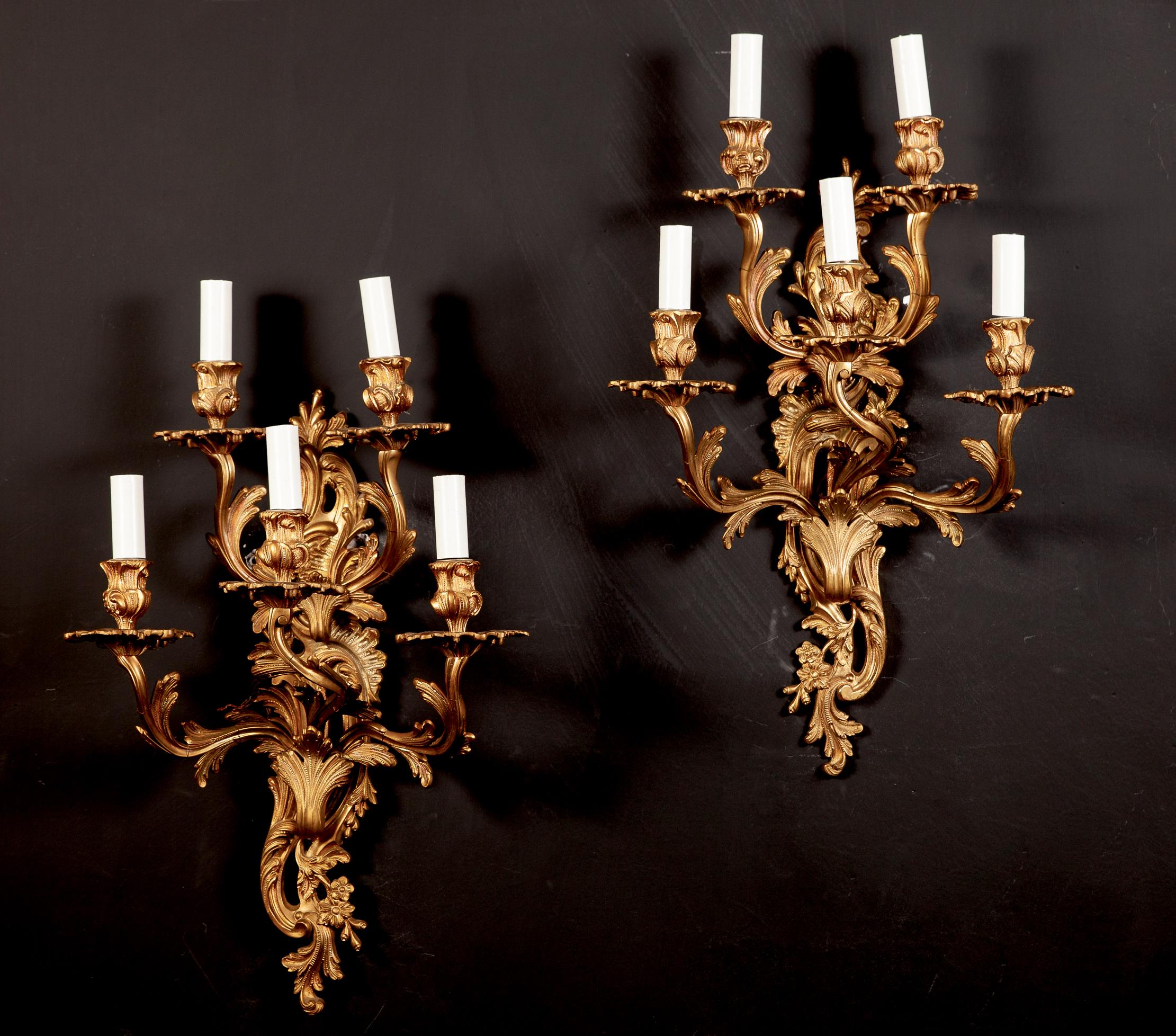Pair of 19th Century Louis XV Style Gilt Bronze Five Arms French Sconces, 1890s 8