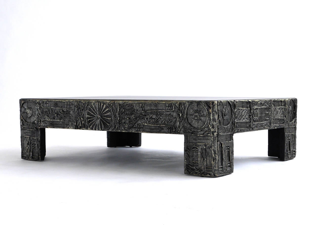 Adrian Pearsall Brutalist table for Craft Associates in sculpted bronze polyresin
over wood with a matte black laminate top.