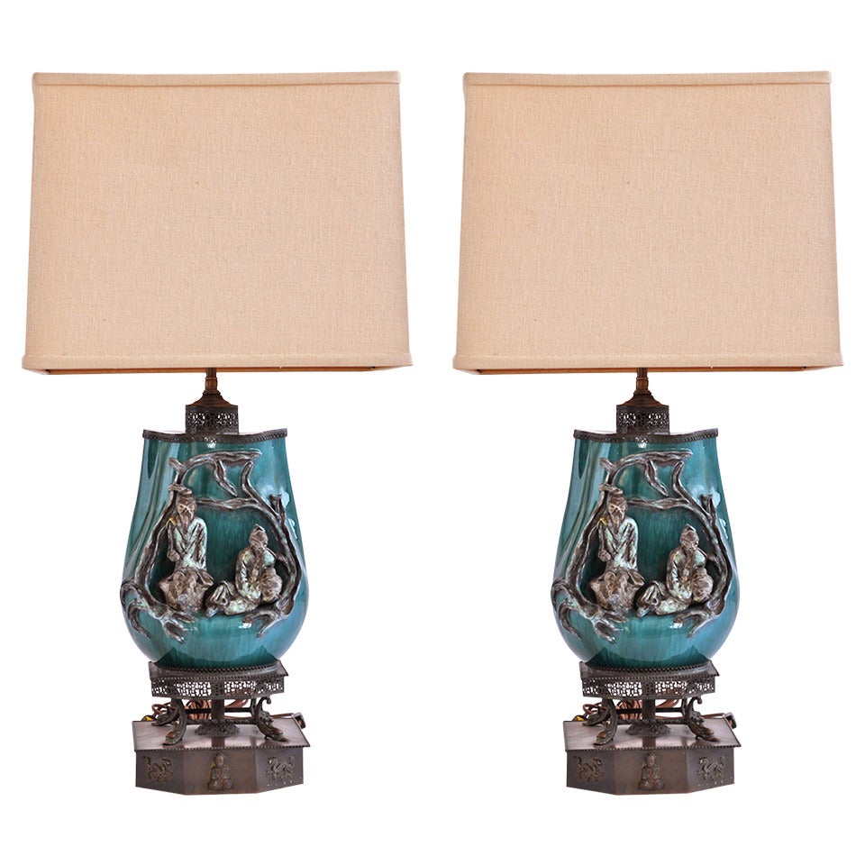 Pair of Marcello Fantoni Chinese Scholars Table Lamps For Sale