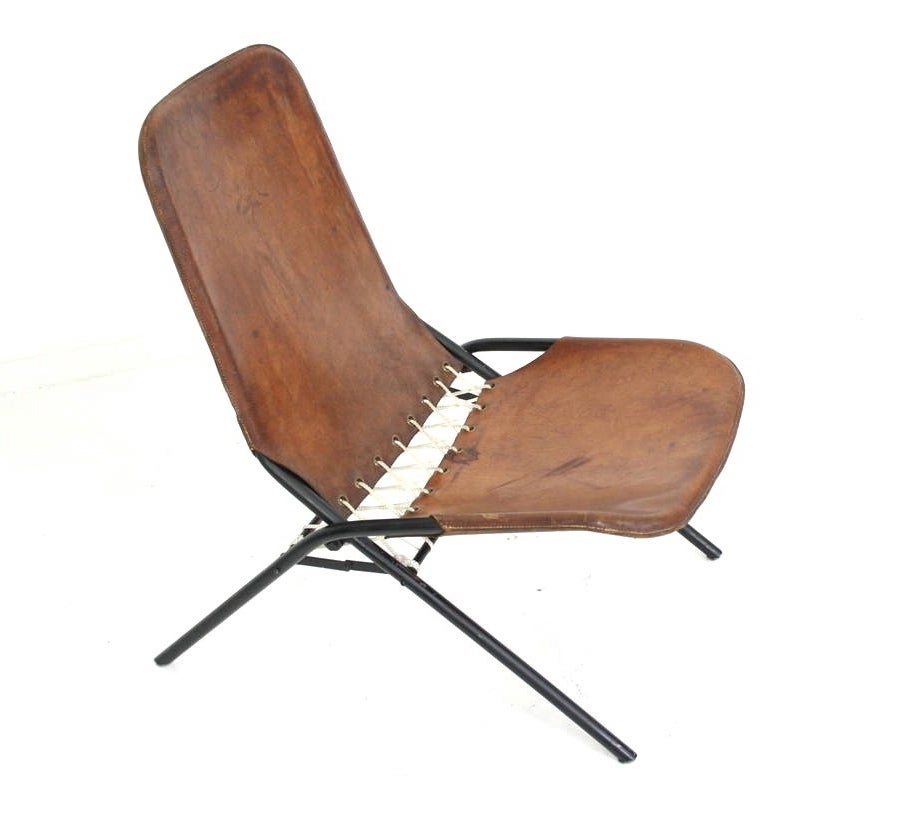 Scandinavian Modern Rare Olof Pira Leather Folding Chair For Sale