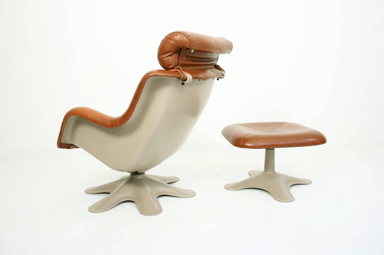Yrjo kukkapuro designed the "Kaeuselli" lounge chair and ottoman for Hami, Finland in 1964. Signed with maker's label. (Hami made in Finland).