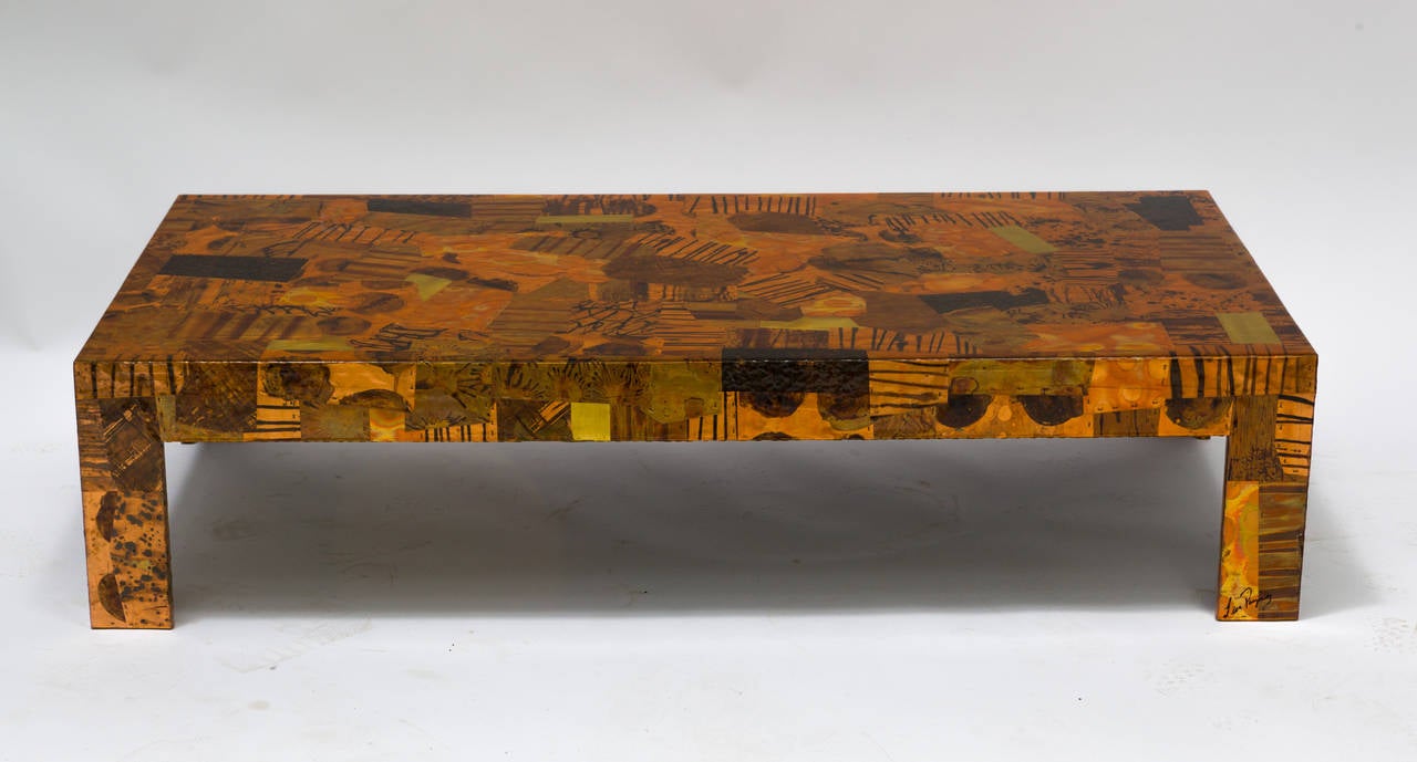 Mid-Century Modern Brazilian Artist Signed Copper and Brass Patchwork Coffee Table