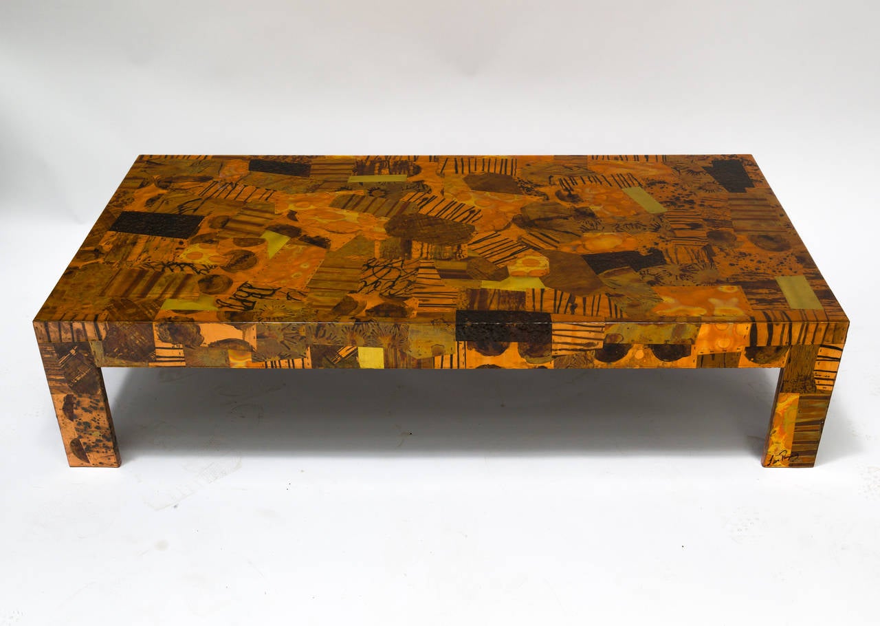 Brazilian patchwork coffee table. It is artist signed, but hard to make out. Originally purchased in Brazil in the mid 1970s. It has a clear coat lacquer over the metals. Mounted on wood.