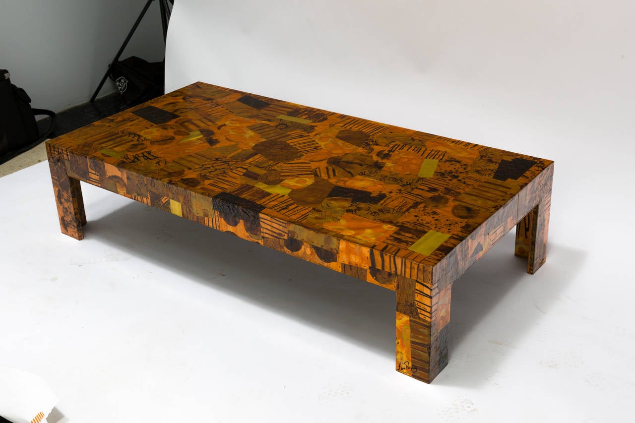 Brazilian Artist Signed Copper and Brass Patchwork Coffee Table In Good Condition In Tarrytown, NY