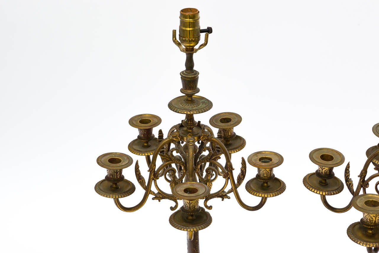 Victorian Pair Of Brass French Style Candelabra Table Lamps