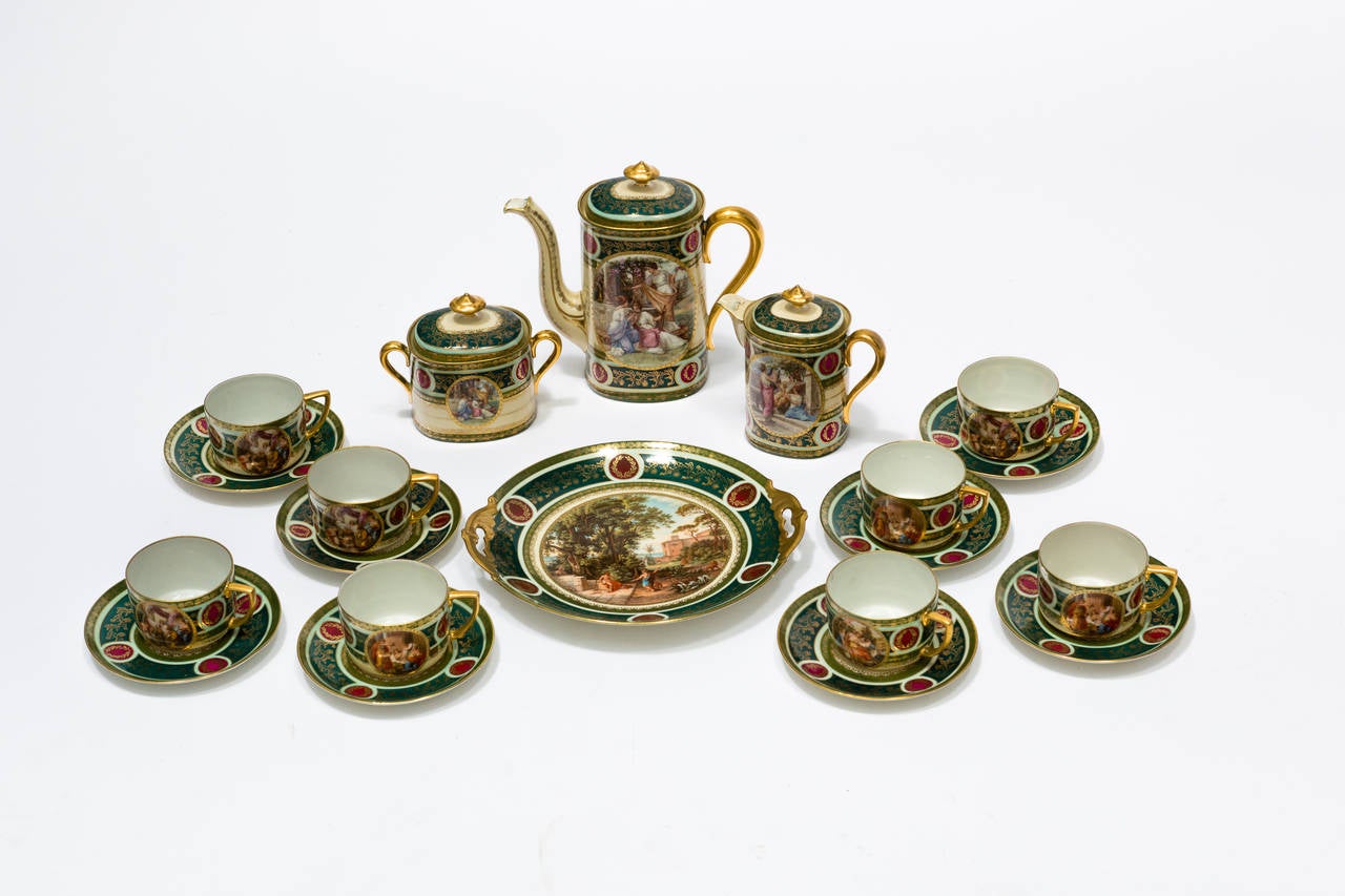 Beautiful antique painted tea/dessert set by Kerag, Karlsbad Czech. This set come with teapot, 8 cups, 8 saucers, cake plate, hot water or creamer and sugar.