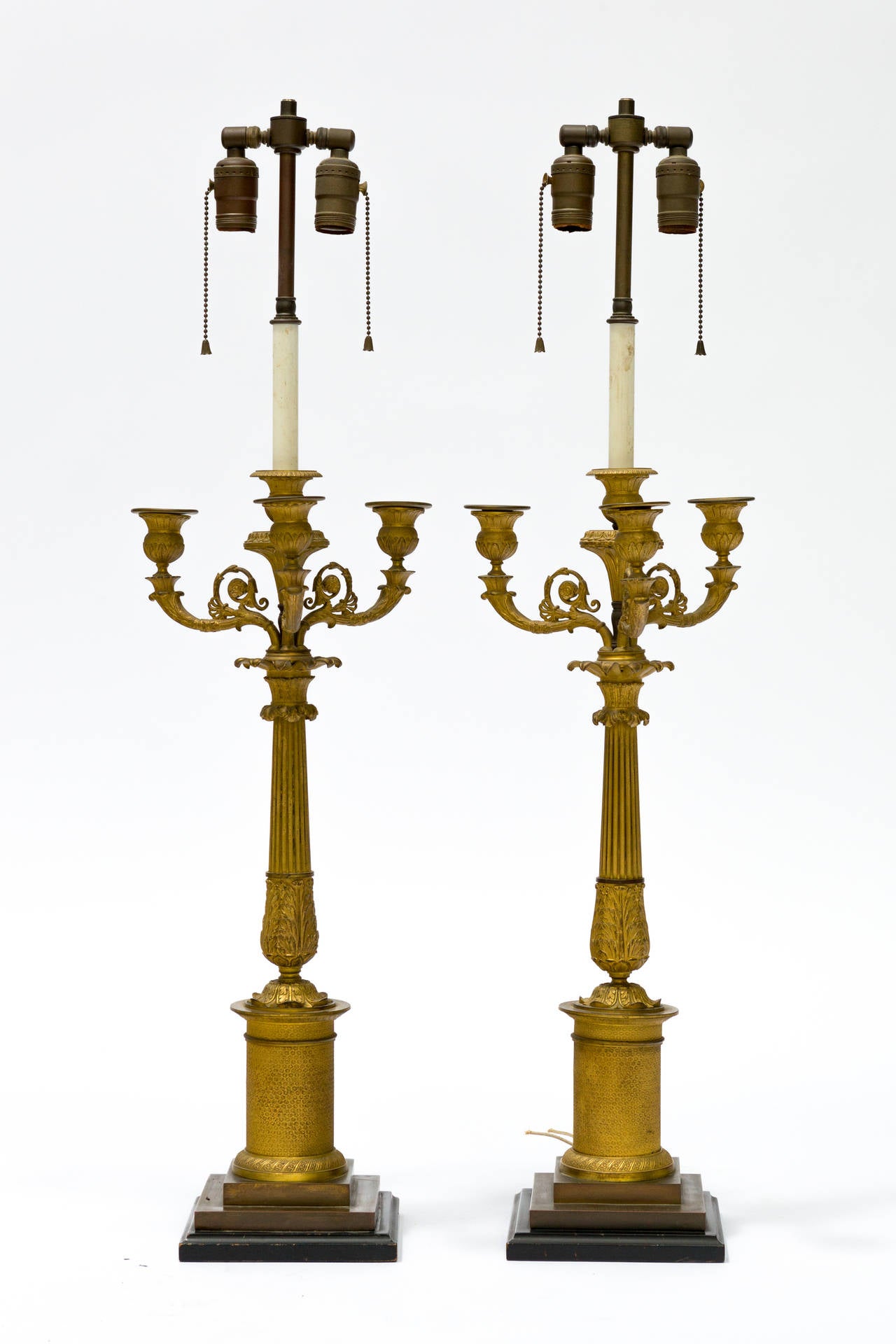 Pair of 19th Century French Empire Gilt Bronze Candelabrum, Mounted as Lamps In Good Condition In Tarrytown, NY