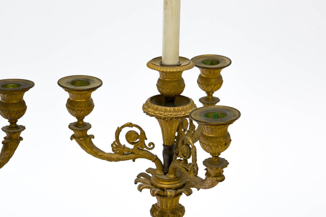 Late 19th Century Pair of 19th Century French Empire Gilt Bronze Candelabrum, Mounted as Lamps