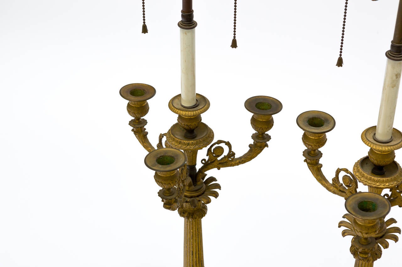 Pair of 19th Century French Empire Gilt Bronze Candelabrum, Mounted as Lamps 2