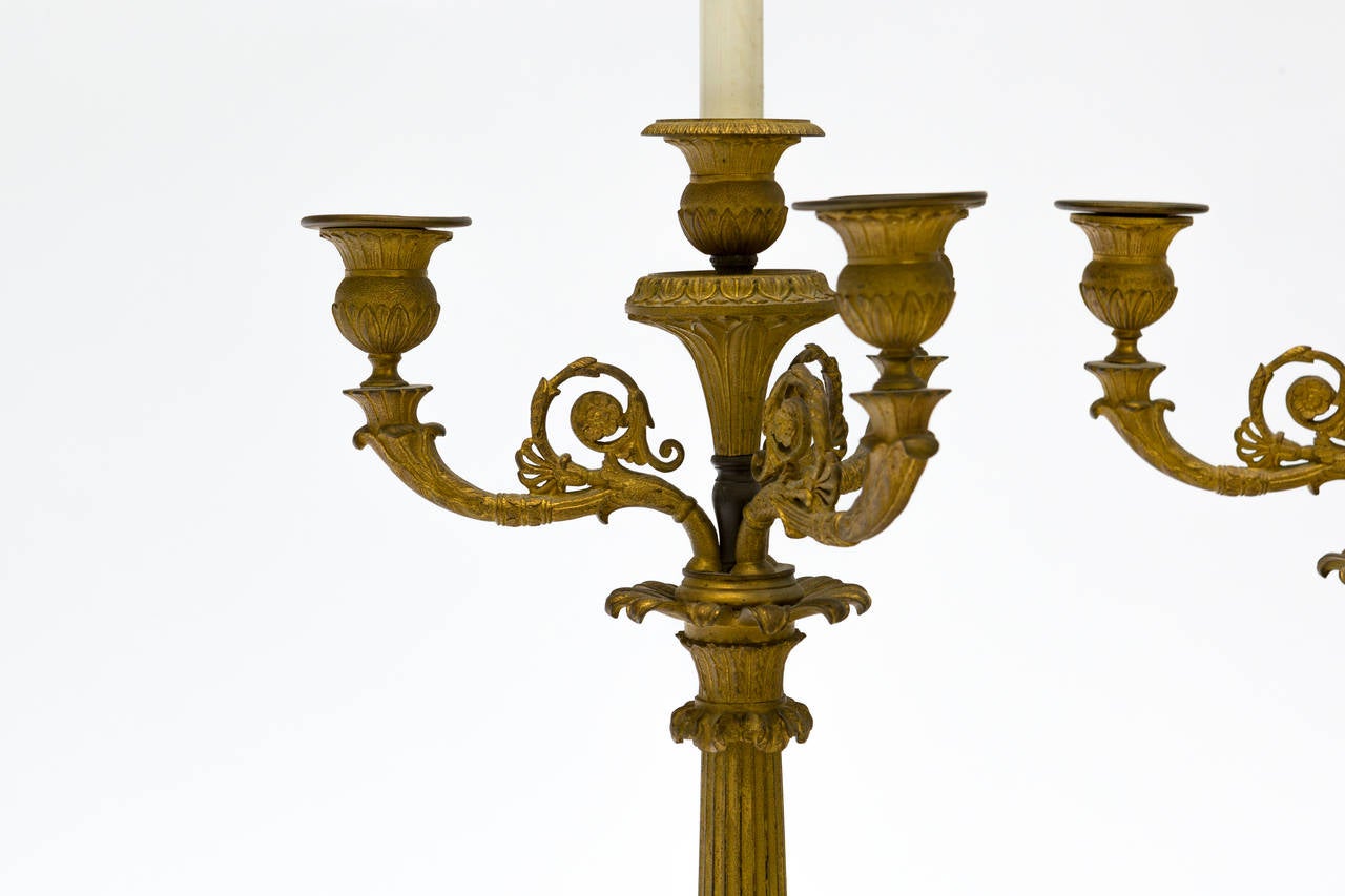 Pair of 19th Century French Empire Gilt Bronze Candelabrum, Mounted as Lamps 3