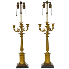 Pair of 19th Century French Empire Gilt Bronze Candelabrum, Mounted as Lamps