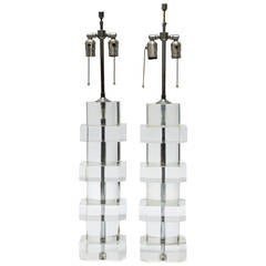 Pair of Substantial Lucite Disc Table Lamps