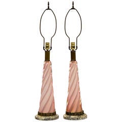 Pair of Barovier Pink Twist Lamps with Gold Flecks