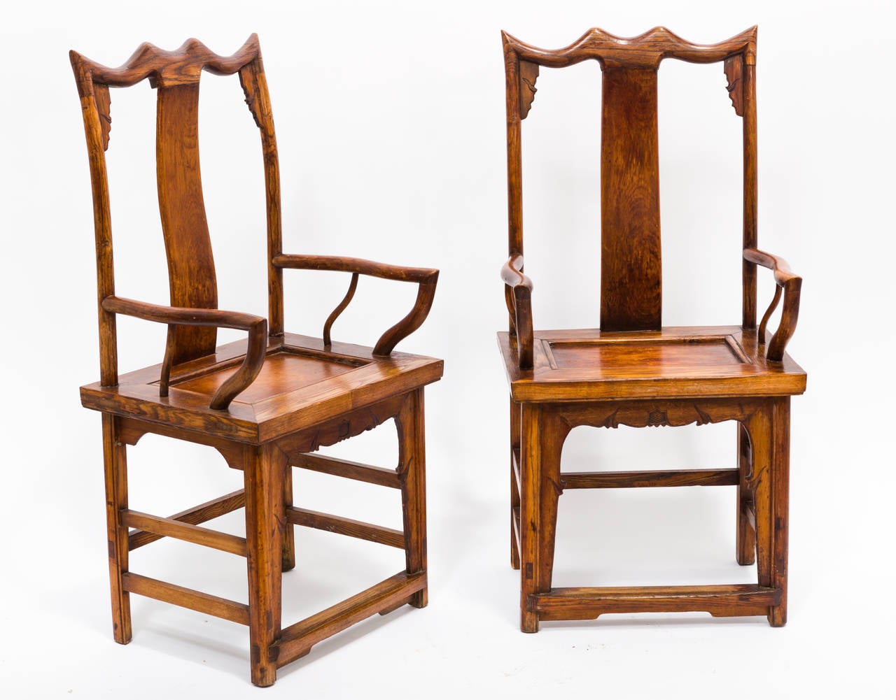 Pair of Japanese wood high back armchairs.