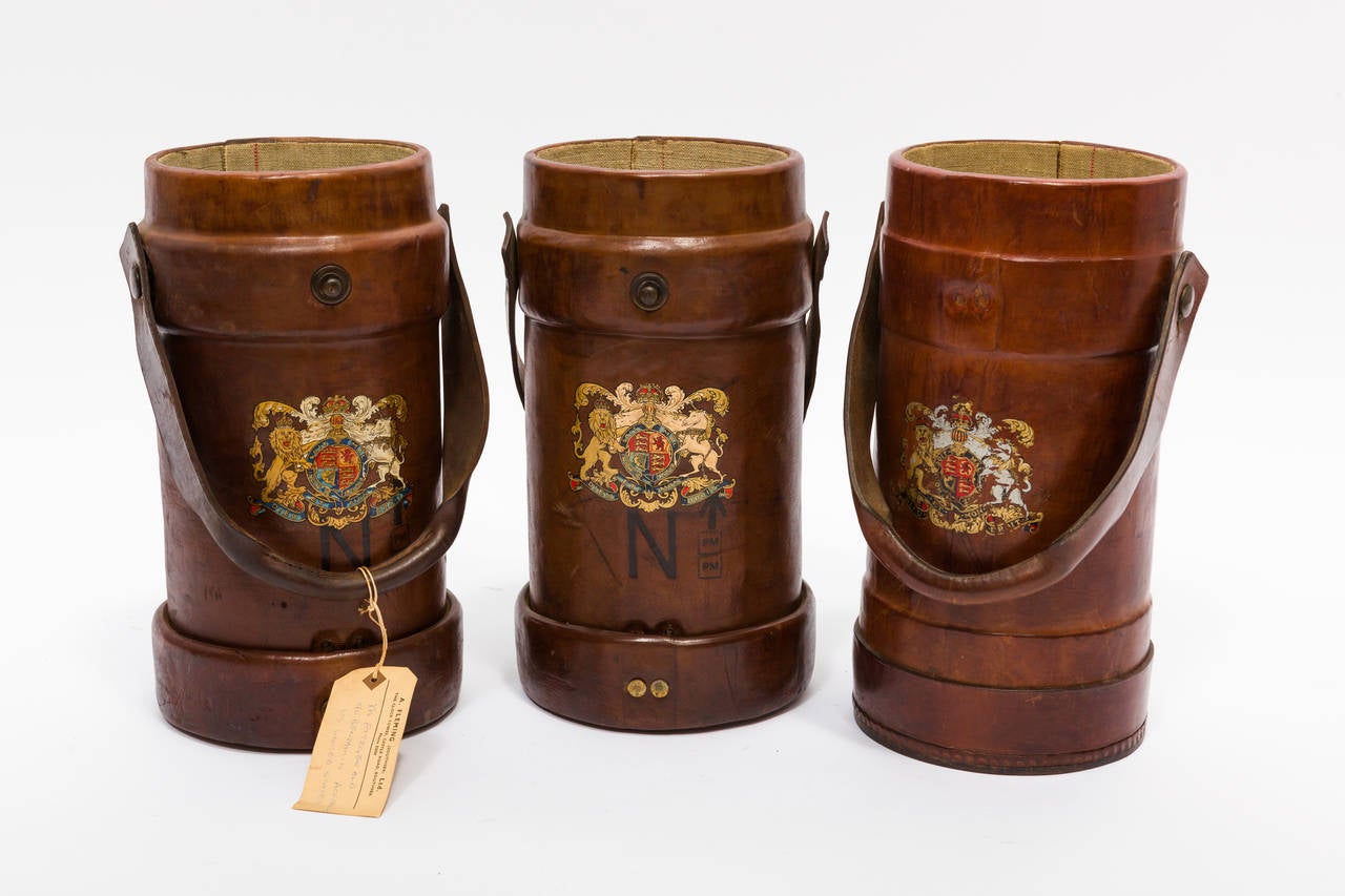 Collection of 19th Century English Leather Ammunition Carriers, Cordrite Buckets 1