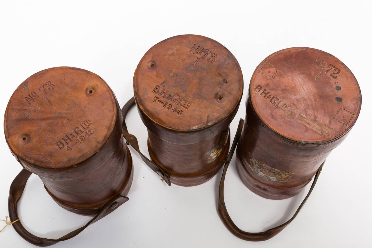 Collection of 19th Century English Leather Ammunition Carriers, Cordrite Buckets 4
