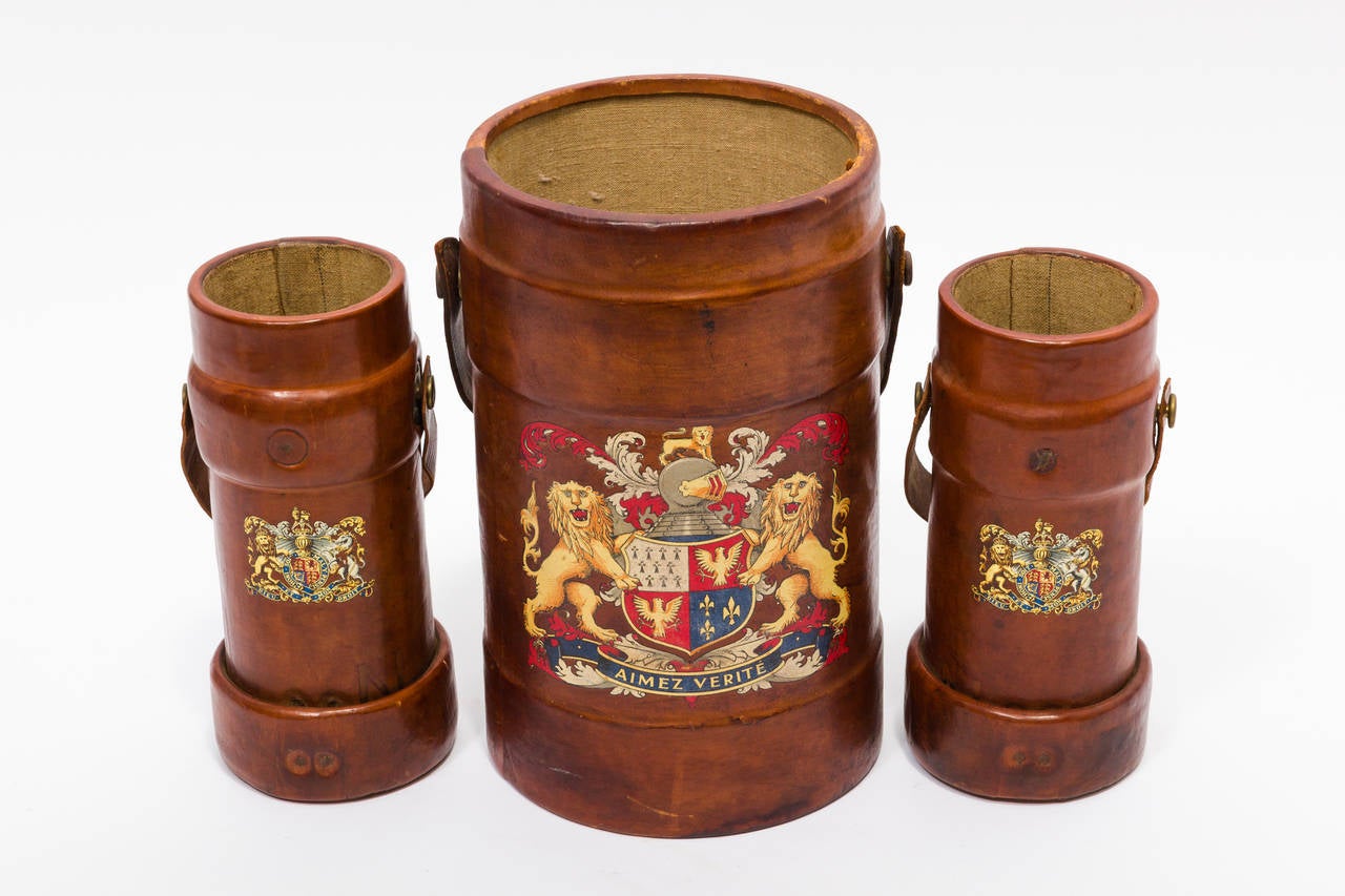 Collection of 19th Century English Leather Ammunition Carriers, Cordrite Buckets 5