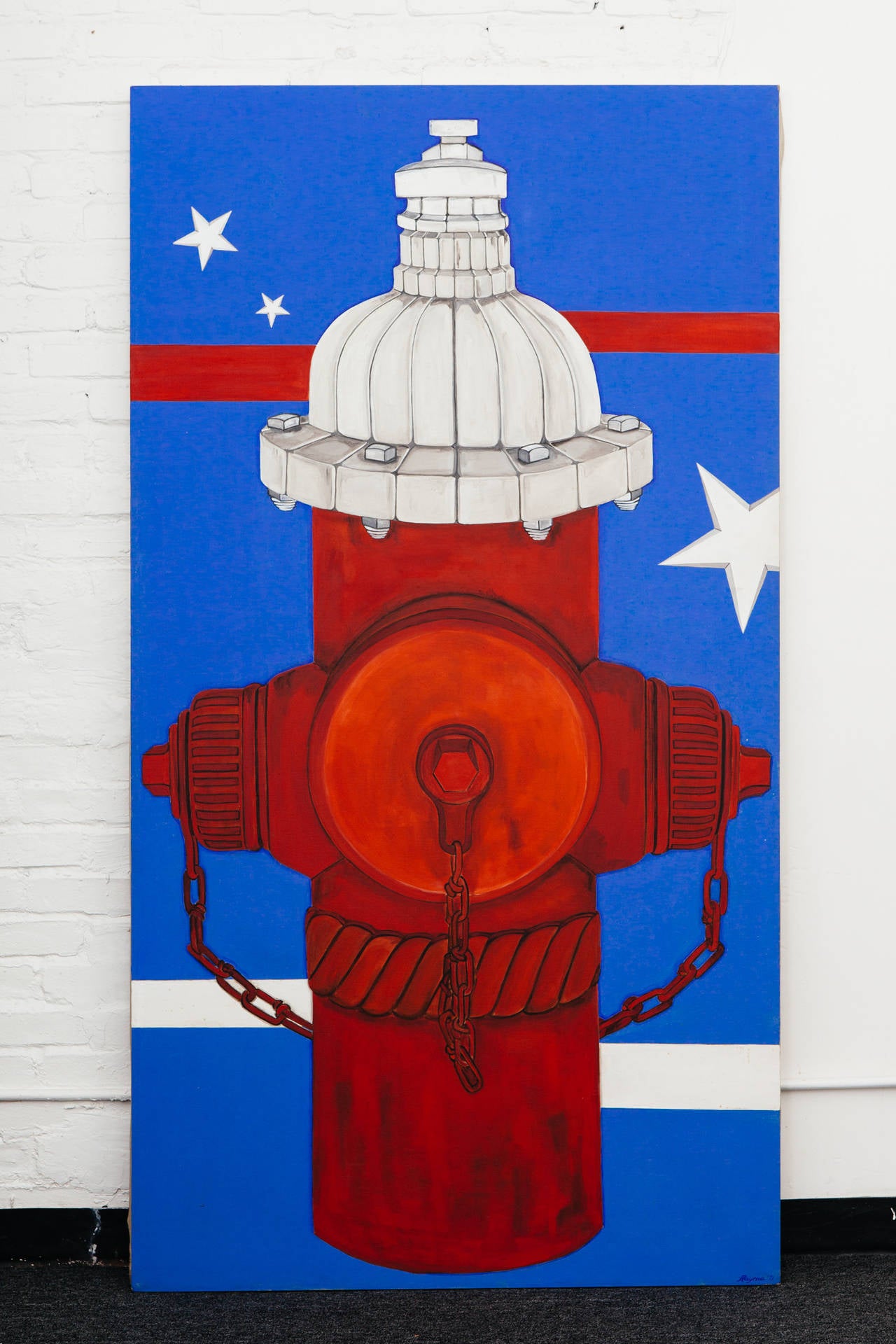 Huge 1971 pop art oil on canvas of a fire hydrant resembling the American flag and the Capital Hill.
Signed by artist 