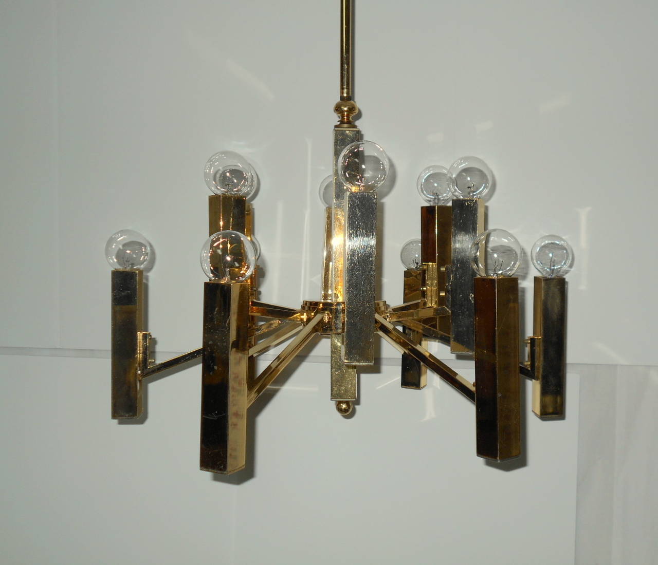 Brass Two Tier 12 light Chandelier By Gaetano Sciolari for Lightolier.