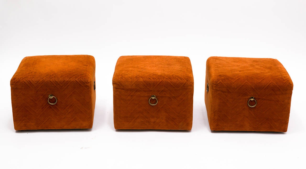 Mid-Century Modern Set of Three Upholstered Cube Ottomans