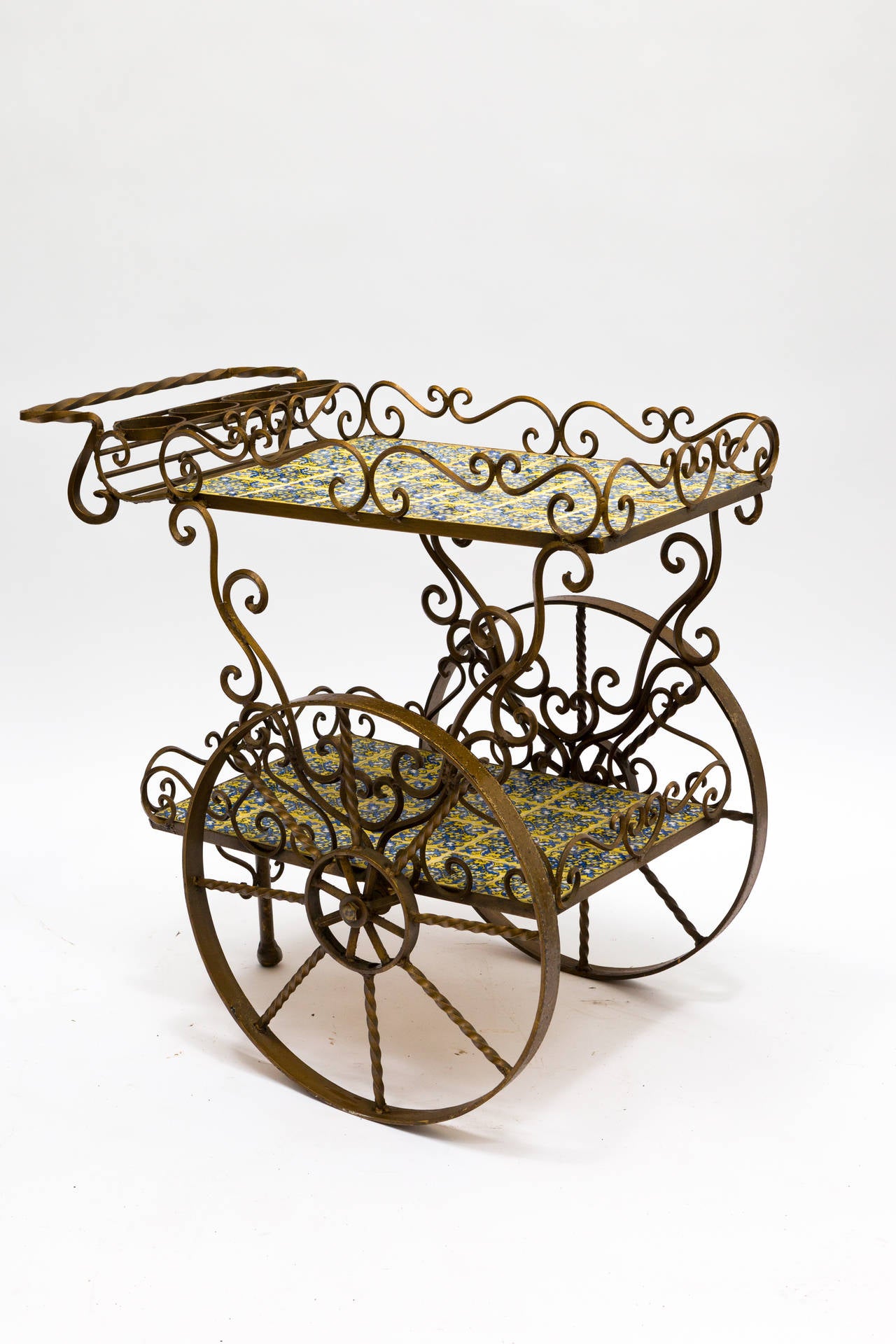 Mexican Iron and Ceramic Tile Tea Cart In Good Condition In Tarrytown, NY