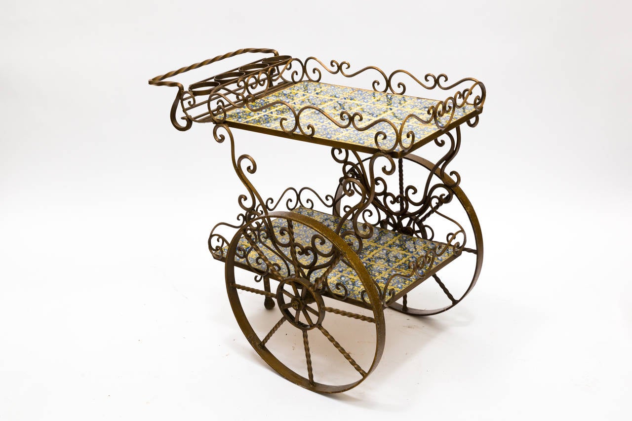 Late 20th Century Mexican Iron and Ceramic Tile Tea Cart
