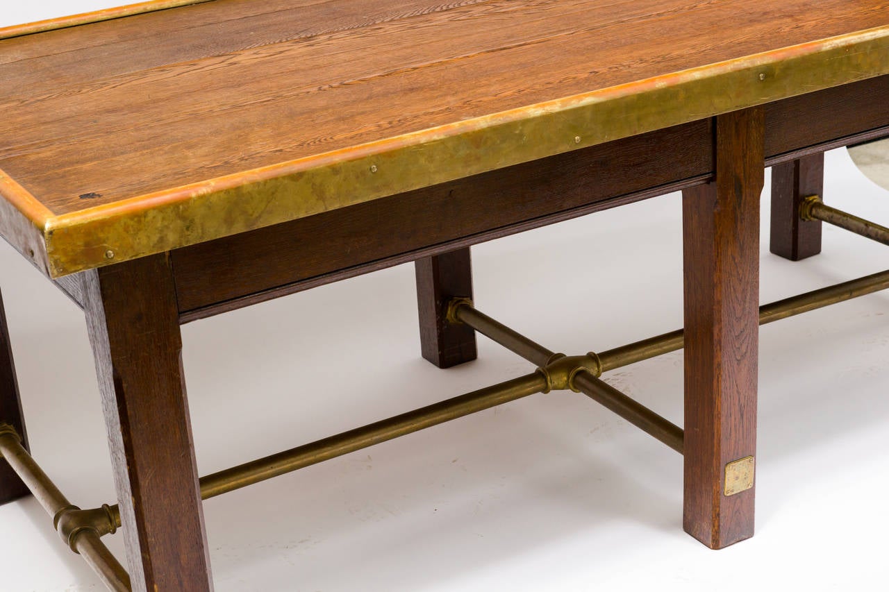 Incredible English Oak Library Table with Brass Stretcher In Good Condition In Tarrytown, NY