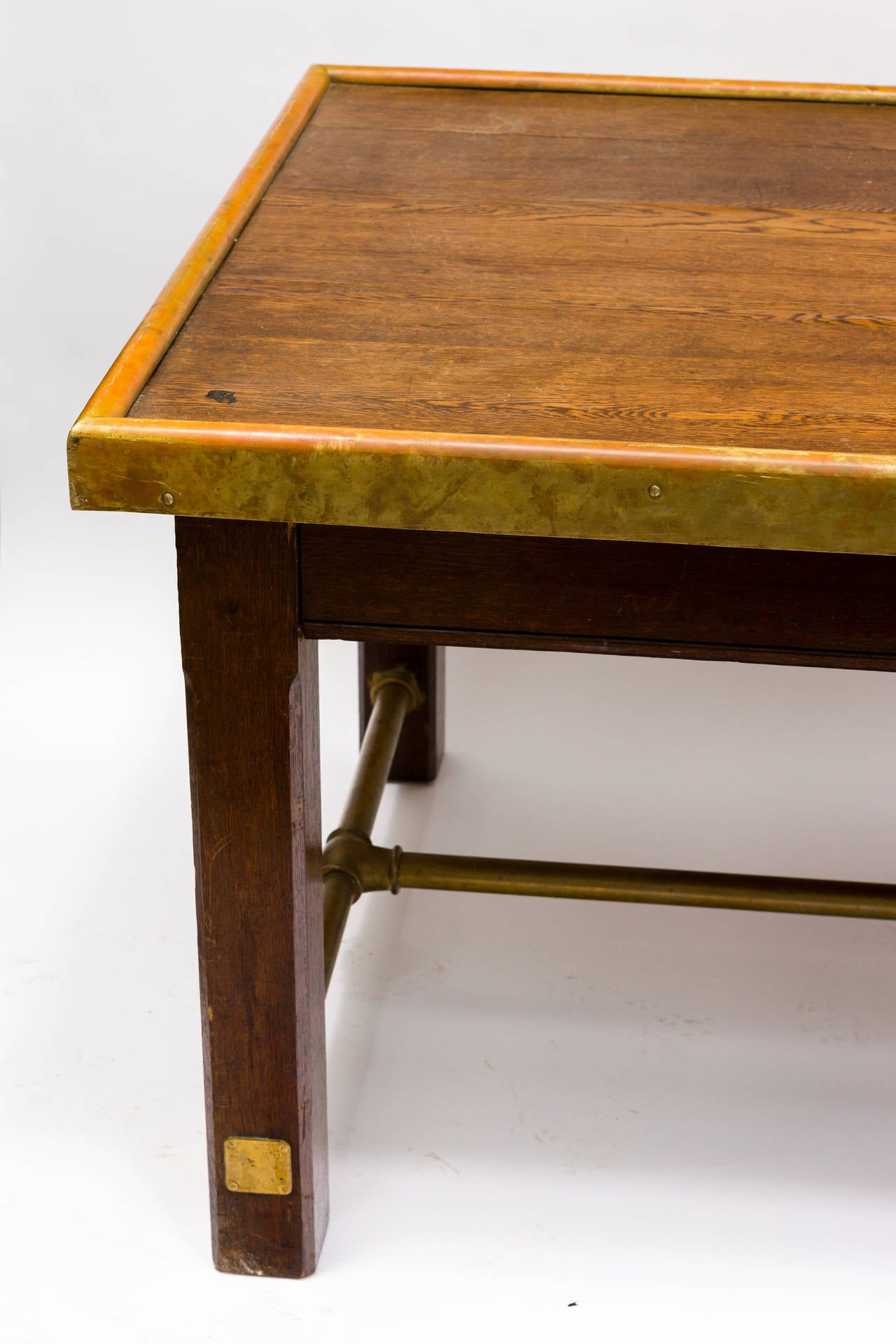 Mid-20th Century Incredible English Oak Library Table with Brass Stretcher