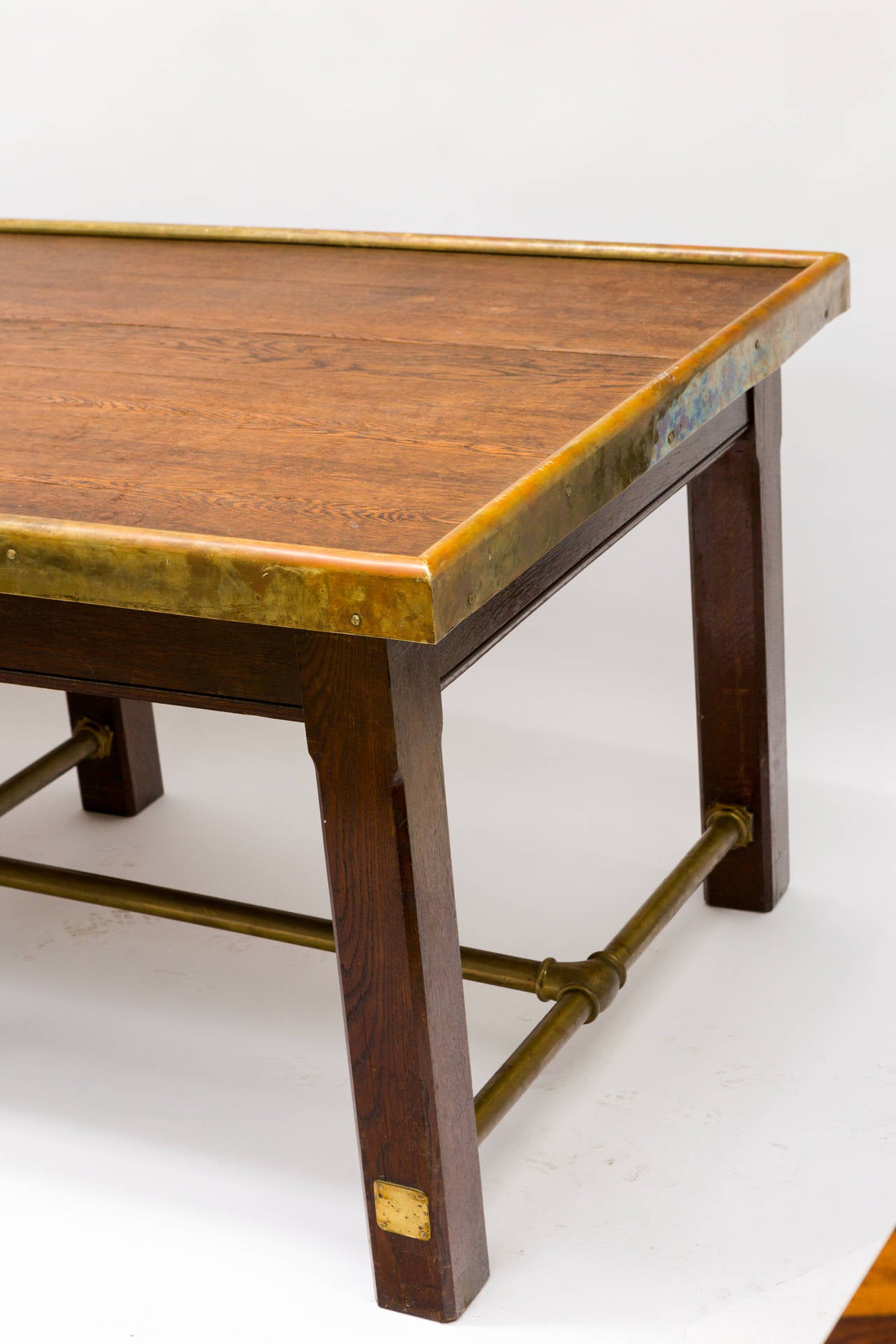 Incredible English Oak Library Table with Brass Stretcher 2