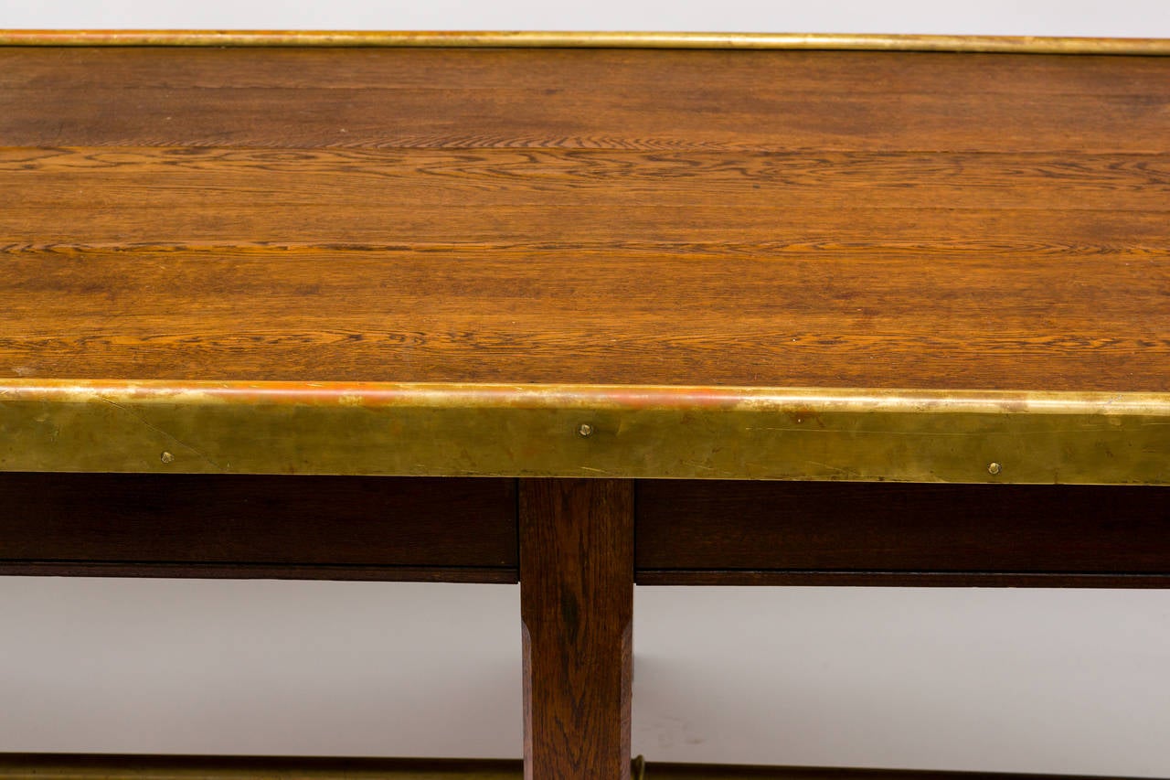 Incredible English Oak Library Table with Brass Stretcher 3