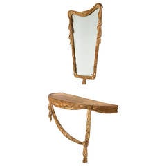 Italian Distressed Wood Console and Mirror Set