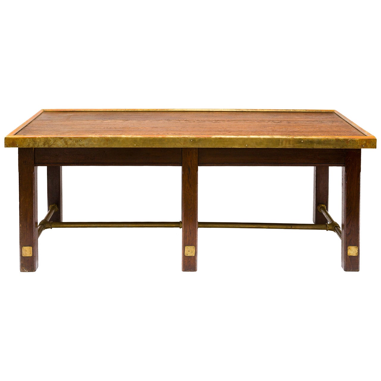 Incredible English Oak Library Table with Brass Stretcher