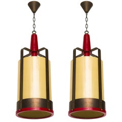 Used Large Pendant Lamp Lantern with Amber Glass Shade