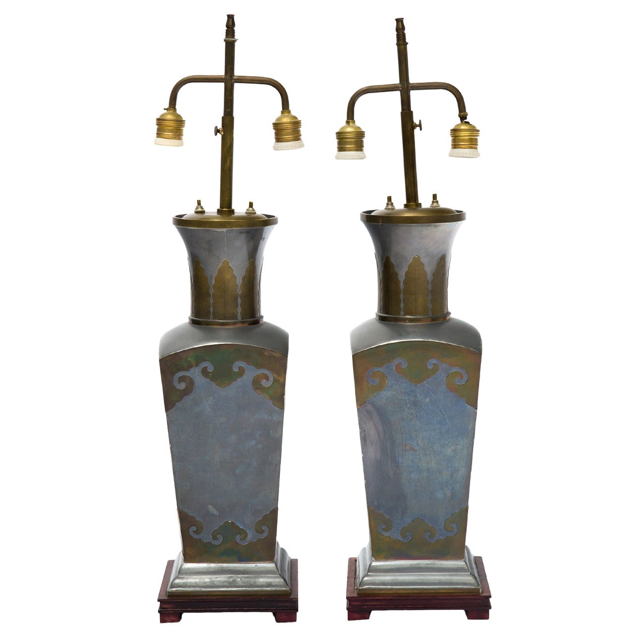 Pair of Asian Pewter and Brass Accented Lamps