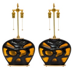 Tortoise Shell Glass and Brass Lamps