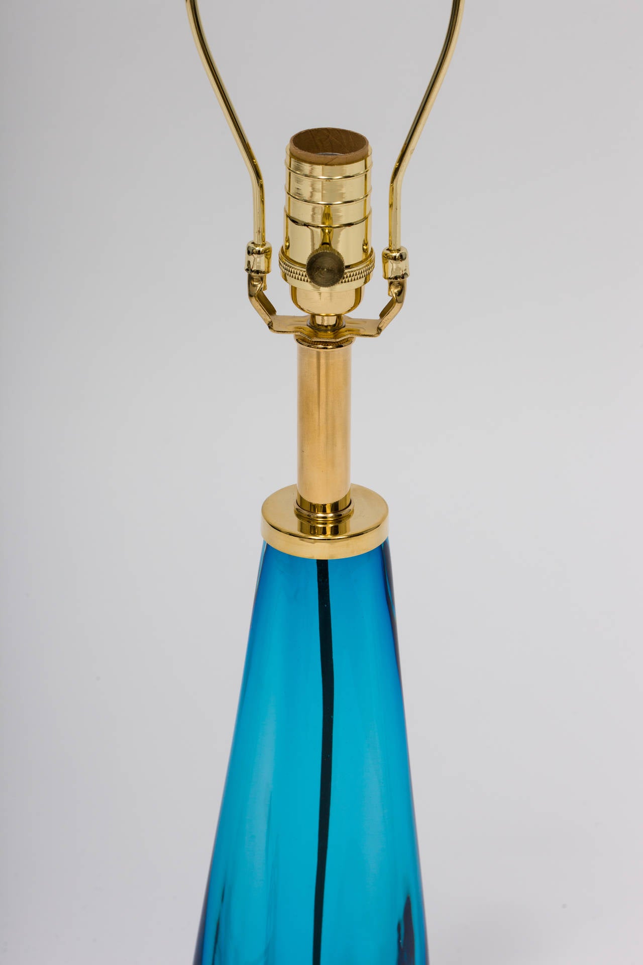 Brass Pair of Blue Glass Lamps in the Manner of Nils Landberg For Sale