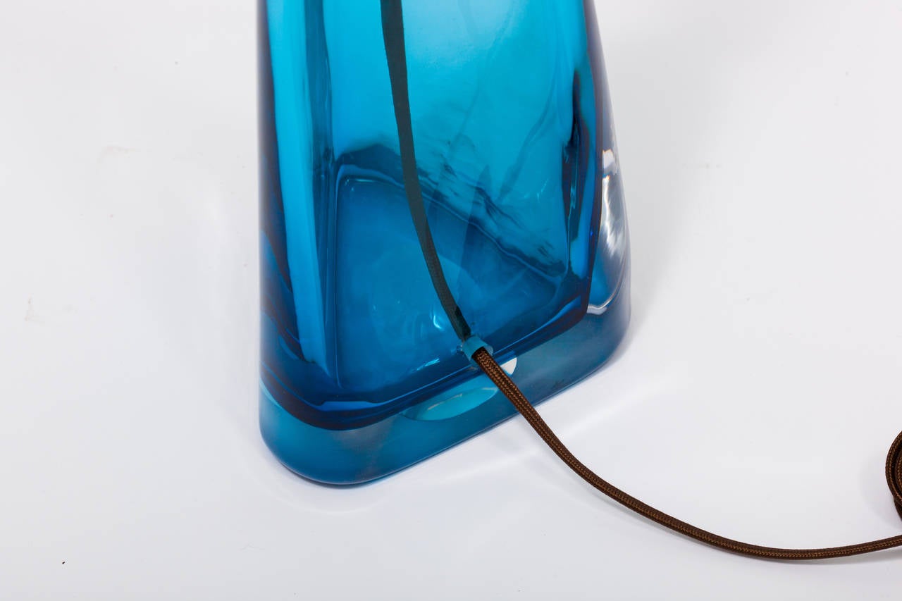 Hand-Crafted Pair of Blue Glass Lamps in the Manner of Nils Landberg For Sale