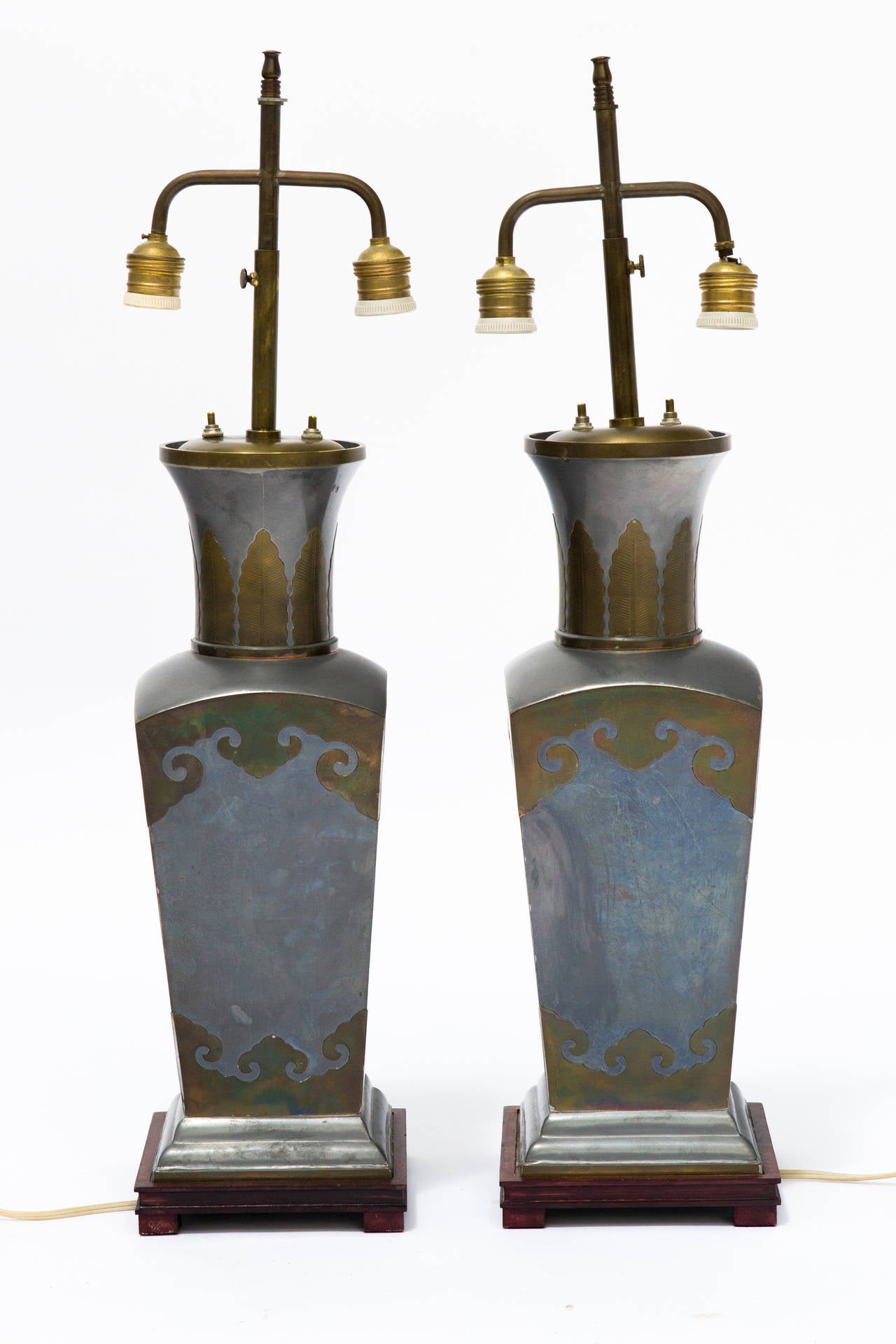 Pair of Asian Pewter and Brass Accented Lamps In Good Condition In Tarrytown, NY