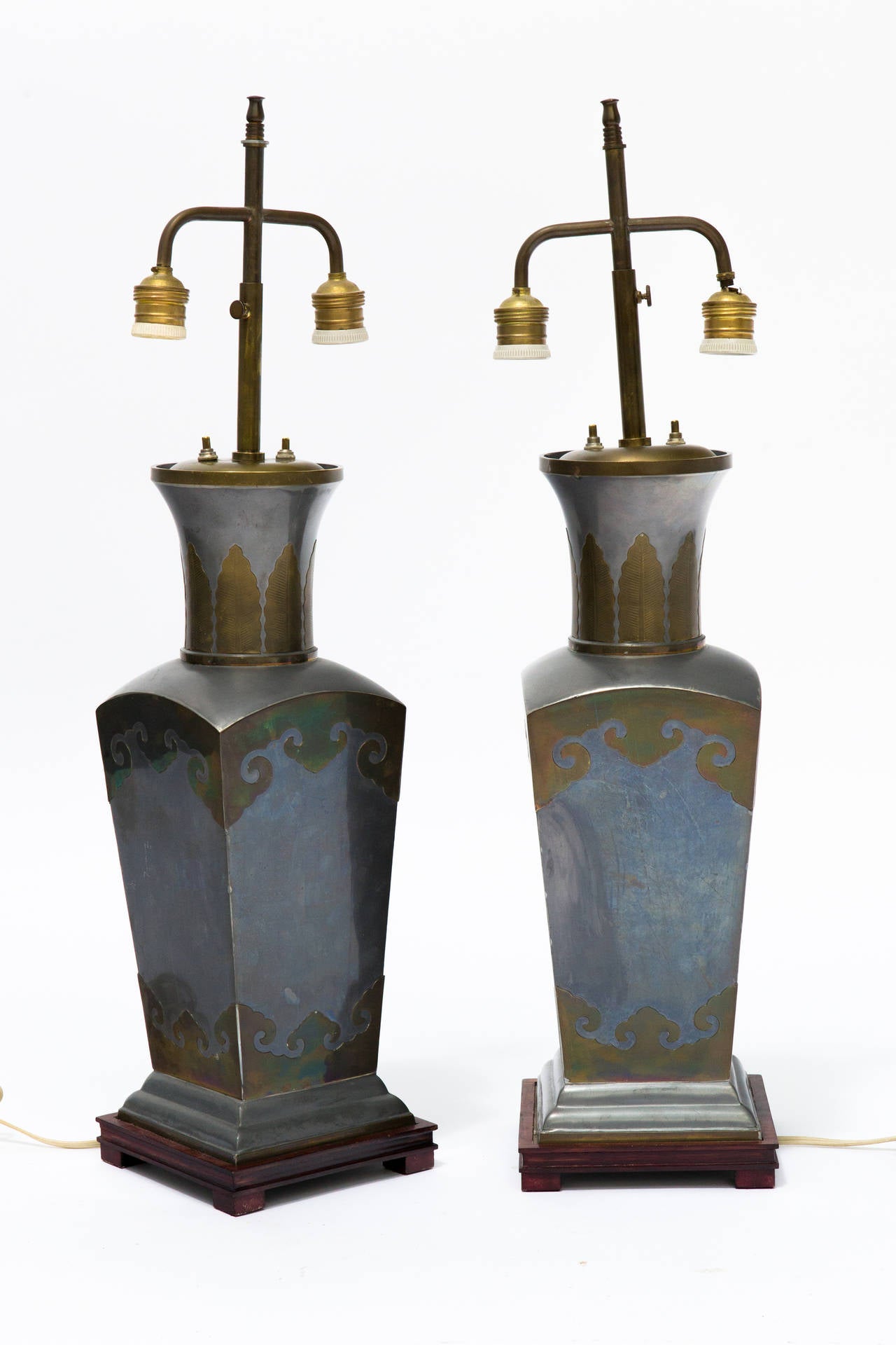 Pair of Asian Pewter and Brass Accented Lamps 1