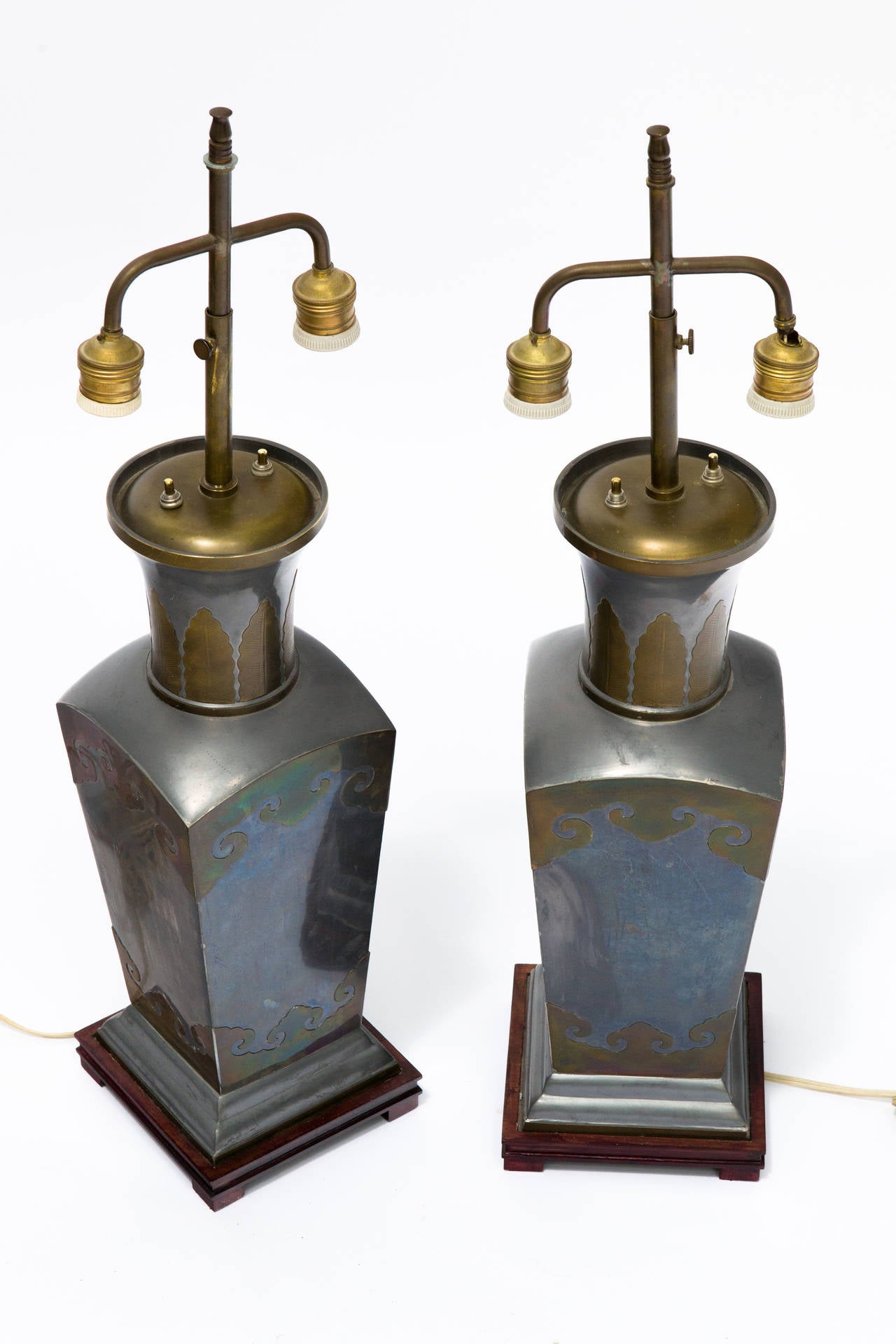 Pair of Asian Pewter and Brass Accented Lamps 2