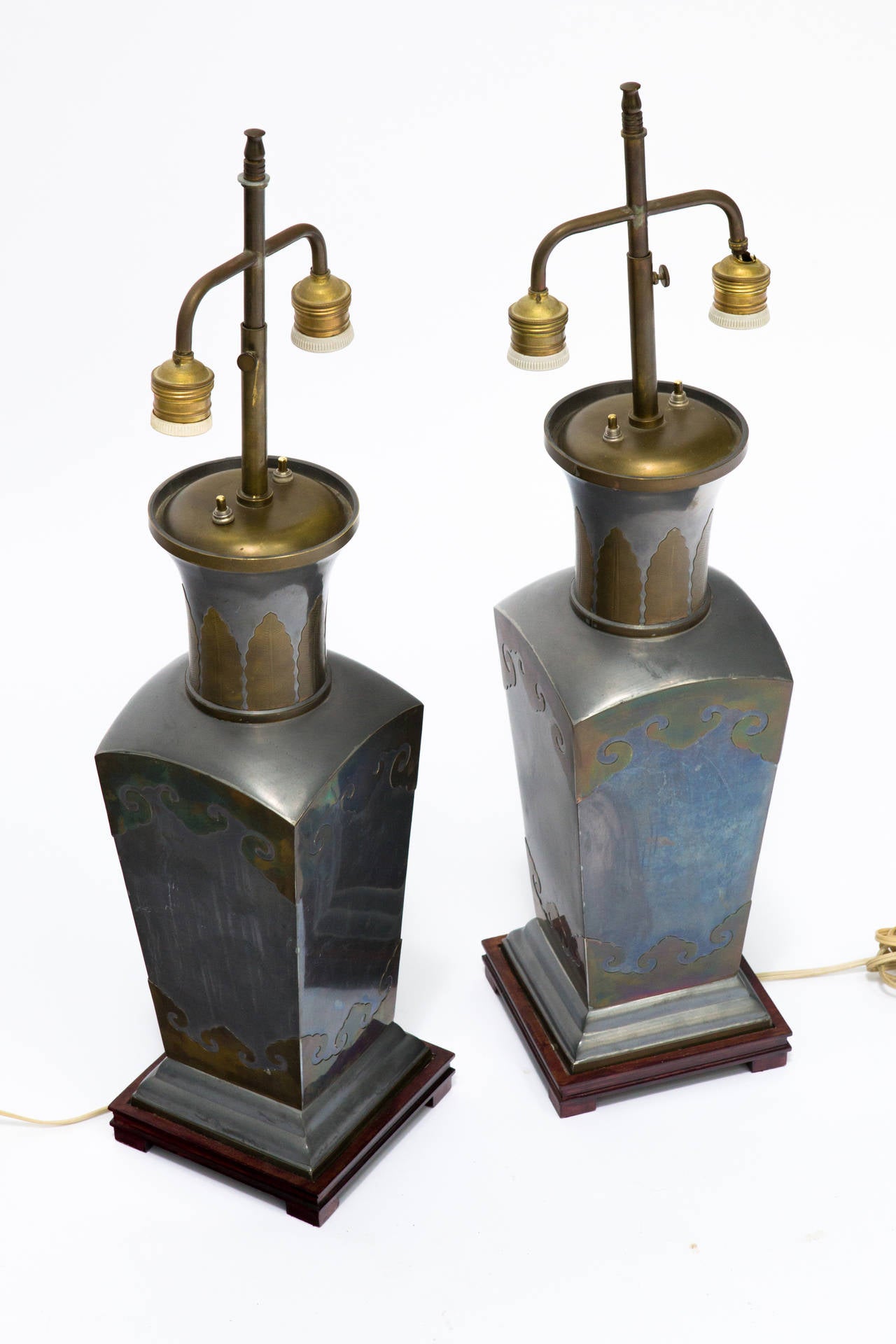 Mid-20th Century Pair of Asian Pewter and Brass Accented Lamps