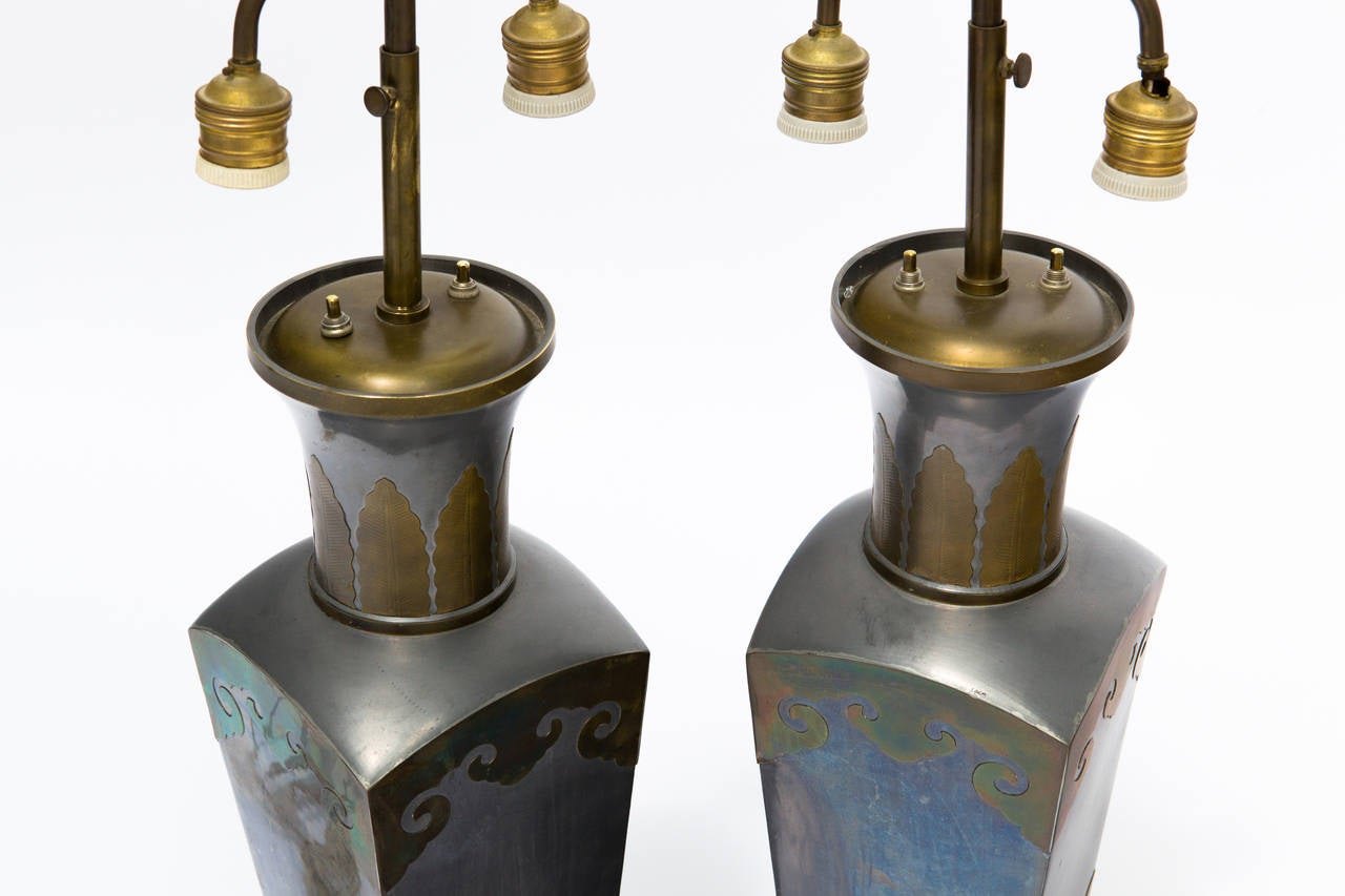 Pair of Asian Pewter and Brass Accented Lamps 3