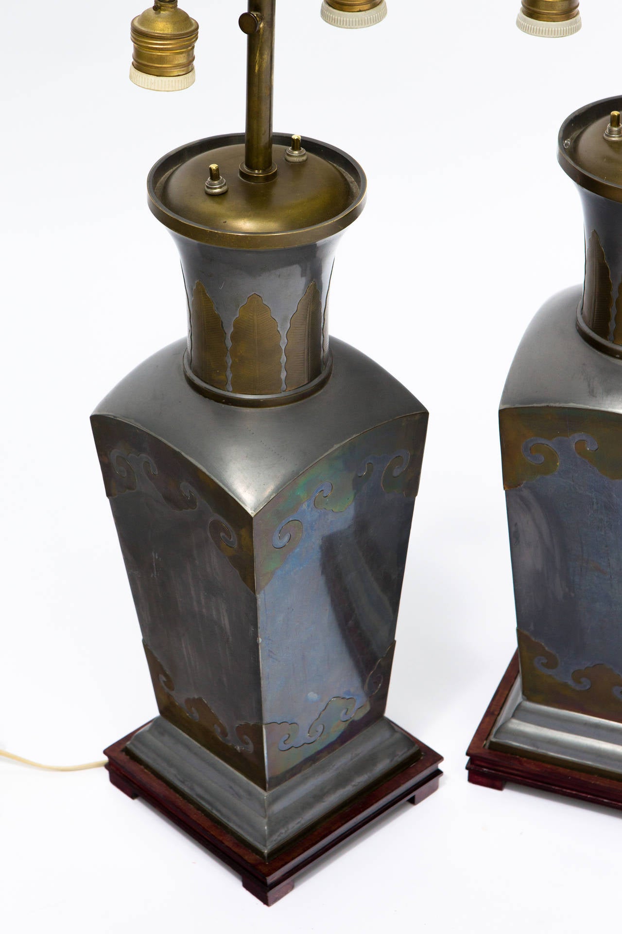 Pair of Asian Pewter and Brass Accented Lamps 5