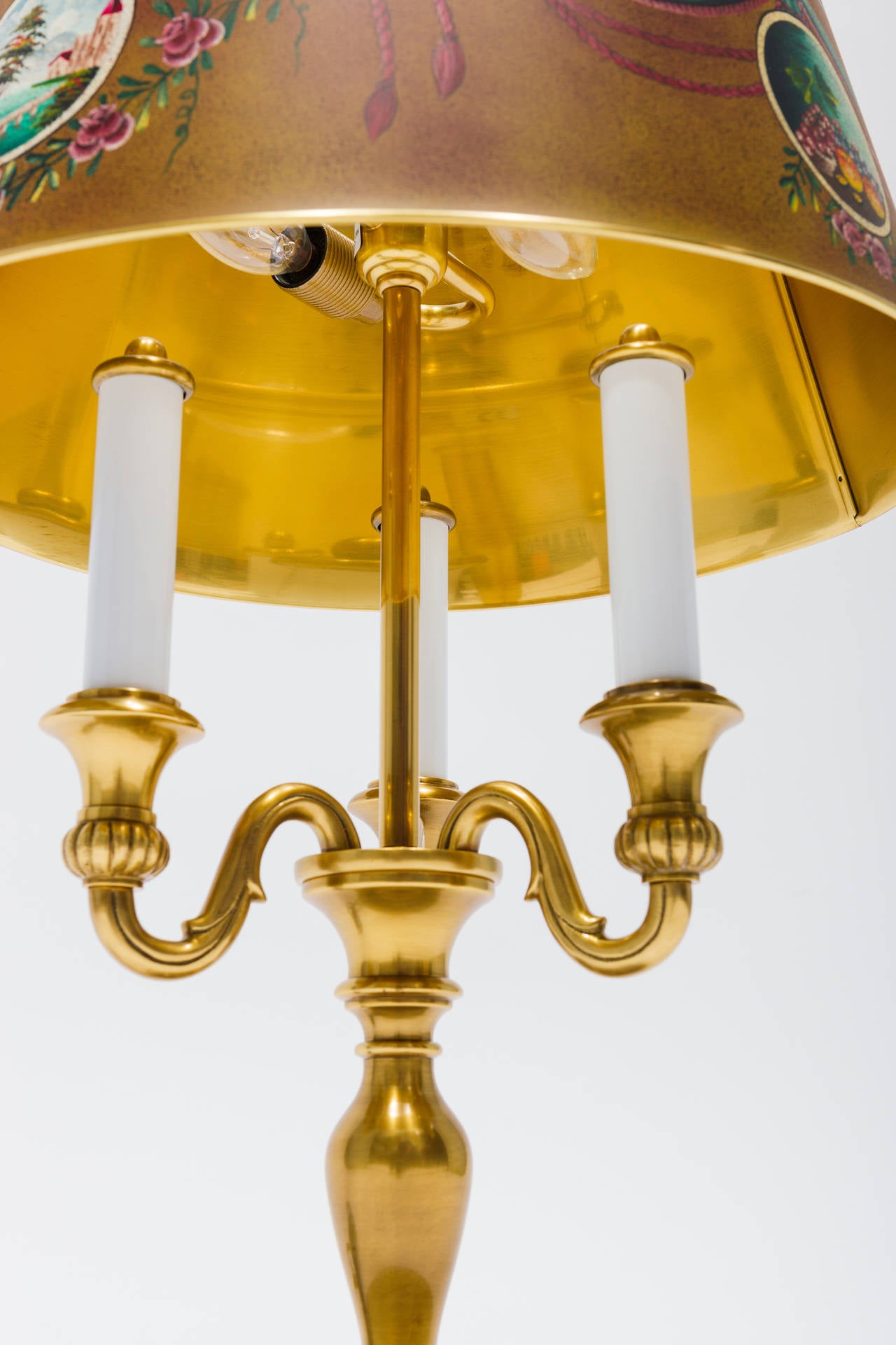Italian lamp with hand-painted brass shade

Height from base to top of finial is 26.5