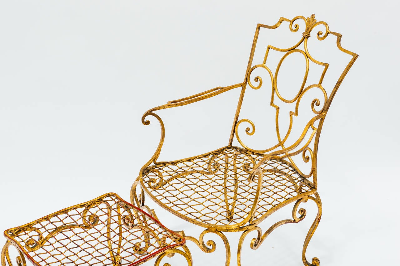 Metal 1940s Jean-Charles Moreux Gilt Iron Chair and Ottoman