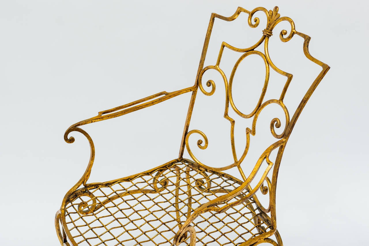 Mid-20th Century 1940s Jean-Charles Moreux Gilt Iron Chair and Ottoman