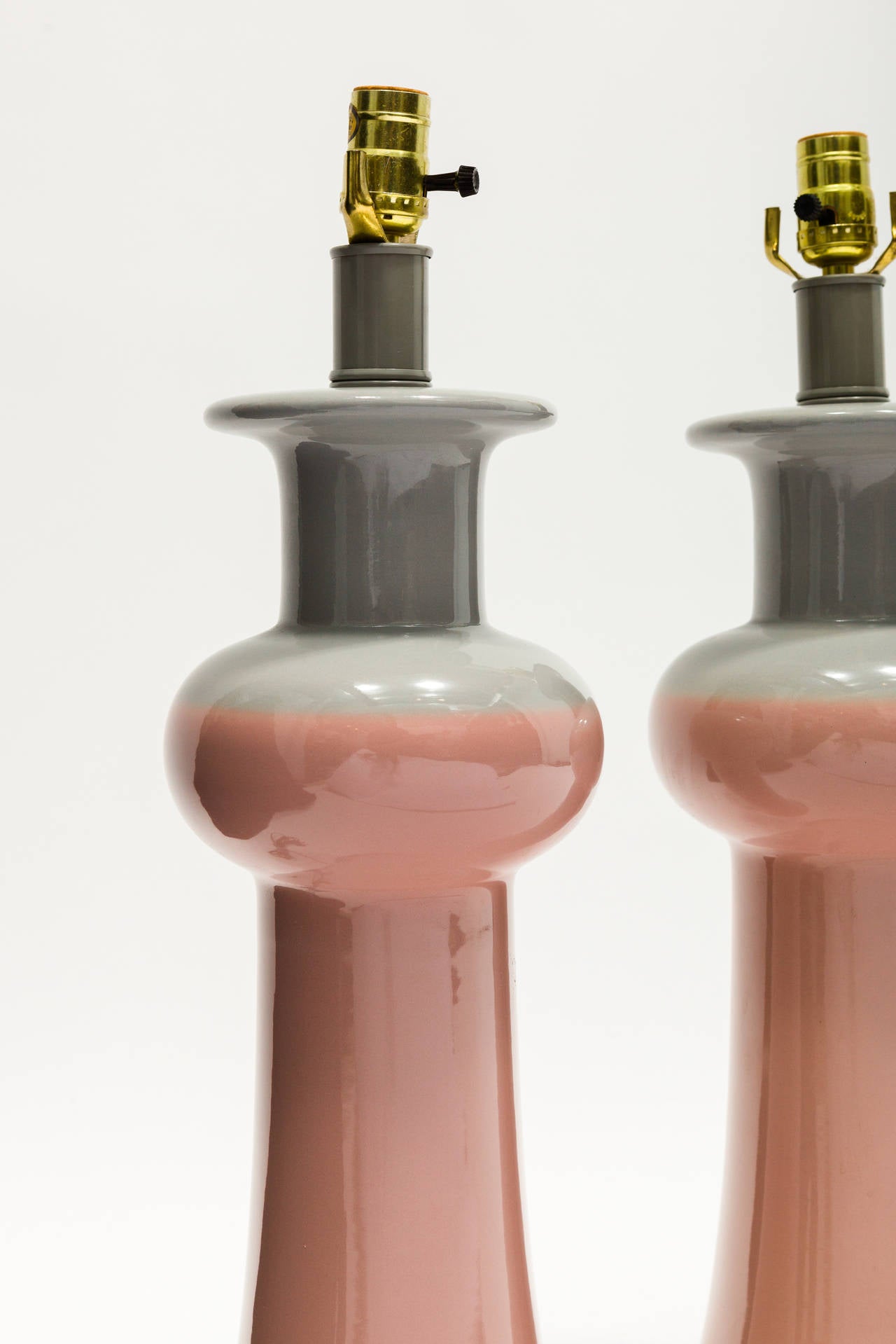 Pair of pink and grey ceramic table lamps.