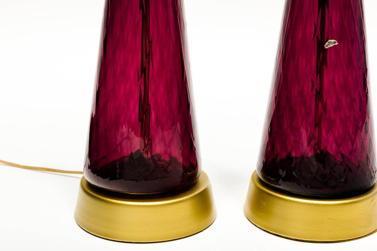 Italian Pair of Purple Murano Glass Table Lamps